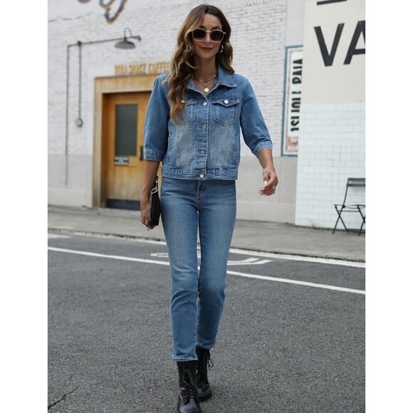 Women's 3/4 Sleeve Colored Cropped Denim Jacket Short Jean Jacket Trucker Blue - Picture 5 of 7